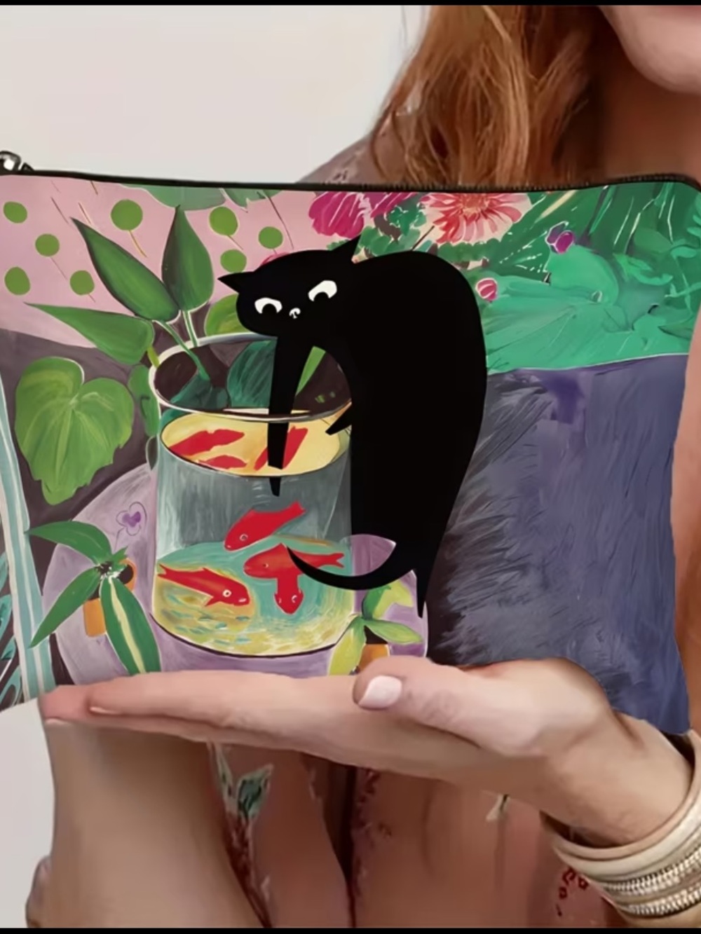 Black Cat & Goldfish Illustration Pouch - Colorful Floral Design Black Cat Lover